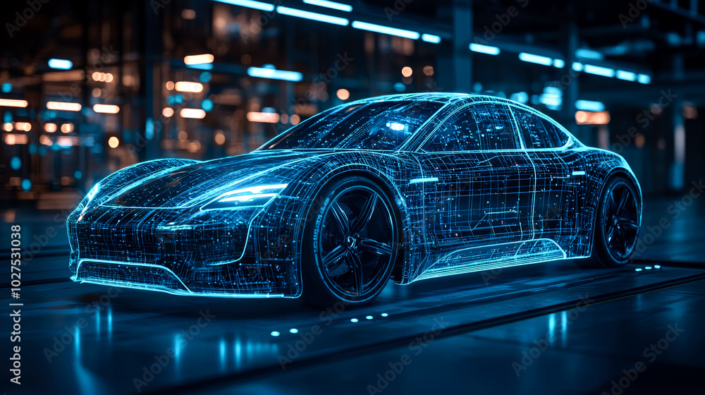 A futuristic electric car in a factory setting, with glowing blue lines creating a digital mesh. A futuristic electric car in a factory setting, with glowing blue lines creating a digital mesh.