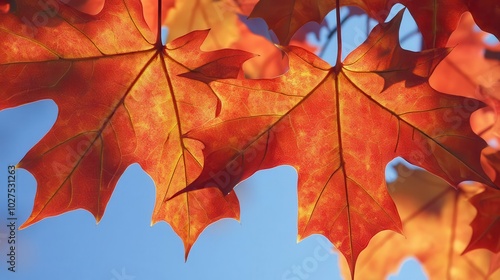 A group of red, orange, and yellow maple leaves in autumn hanging scattered on the tree branch against blue sky background