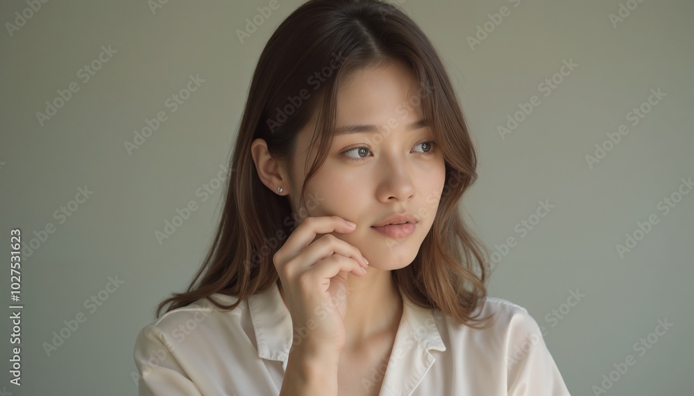Contemplative young woman in white shirt against neutral background Contemplative young woman in white shirt against neutral background