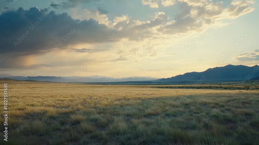 Fototapeta premium Expansive Grasslands and Dramatic Sky at Sunset in the Countryside
