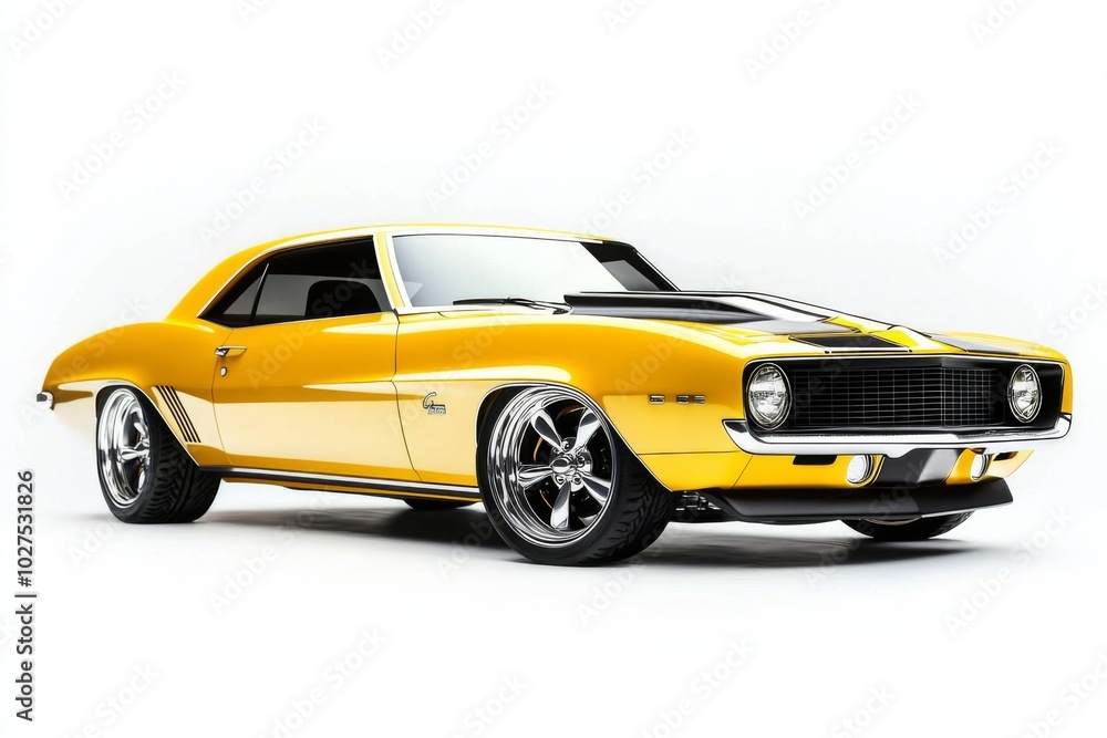 3D rendering classic muscle car bright yellow vehicle wheel white 3D rendering classic muscle car bright yellow vehicle wheel white