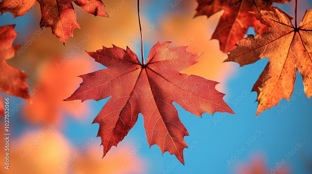 A group of red, orange, and yellow maple leaves in autumn hanging scattered on the tree branch against blue sky background A group of red, orange, and yellow maple leaves in autumn hanging scattered on the tree branch against blue sky background