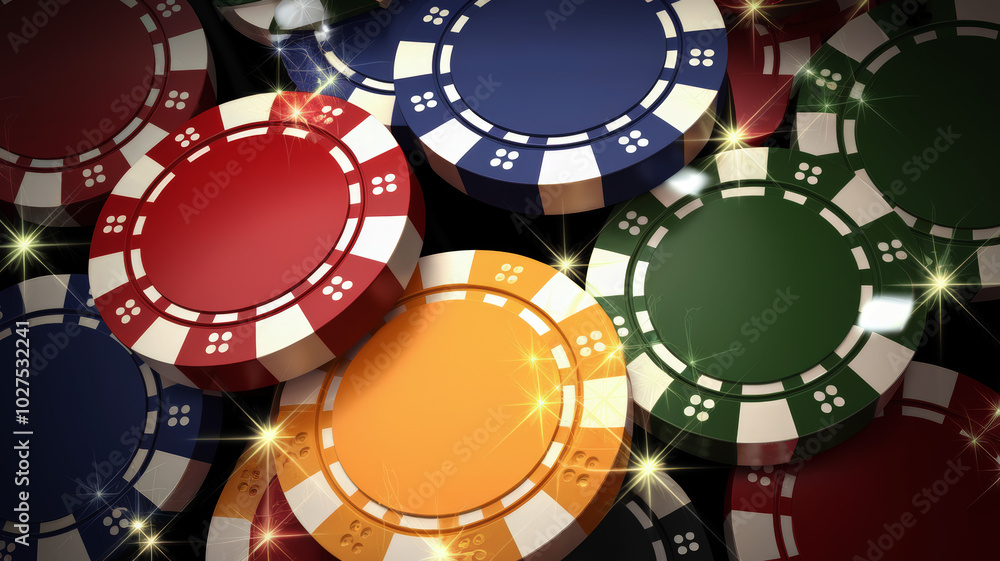 Colorful casino poker chips on black background with sparkling highlights.
