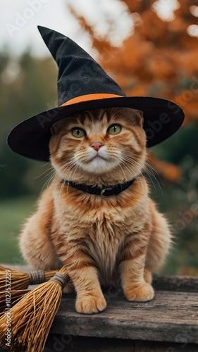 AI-generated art stock image of a cute cat dressed in a festive Halloween costume. The cat's playful outfit, combined with the spooky yet fun atmosphere, is perfect for Halloween-themed marketing 