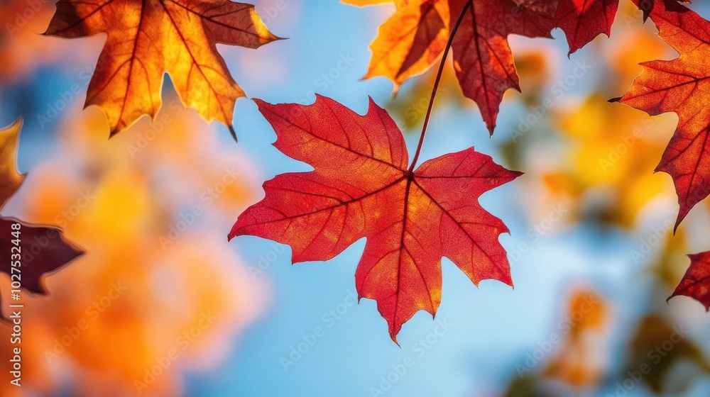 A group of red, orange, and yellow maple leaves in autumn hanging scattered on the tree branch against blue sky background A group of red, orange, and yellow maple leaves in autumn hanging scattered on the tree branch against blue sky background