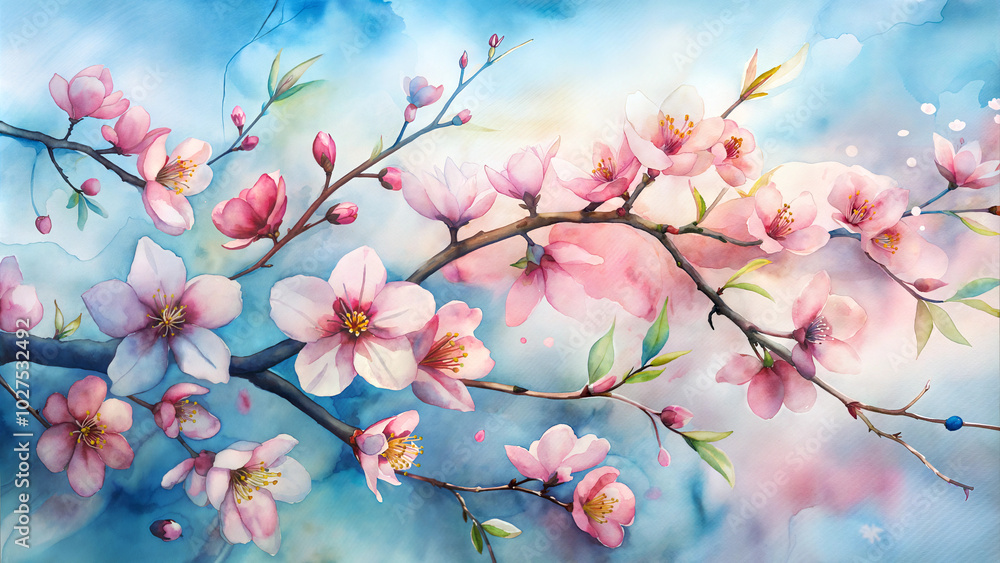 Watercolor cherry blossoms on tree branches with blue sky Watercolor cherry blossoms on tree branches with blue sky