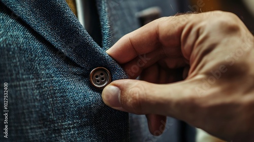 a person carefully slipping a button through a tailored buttonhole, highlighting attention to detail in fashion