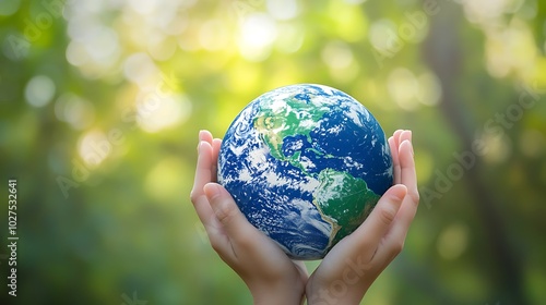 A pair of hands holding a small globe, symbolizing care for the planet.