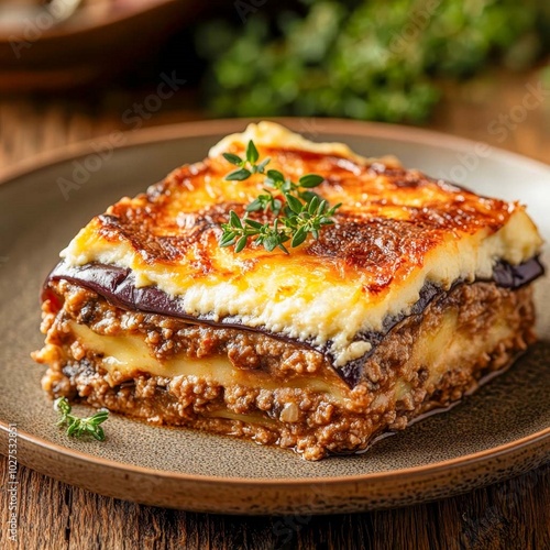 Close-up of a slice of traditional Greek moussaka with visible layers of eggplant, ground meat, and béchamel sauce, served on a rustic ceramic plate photo