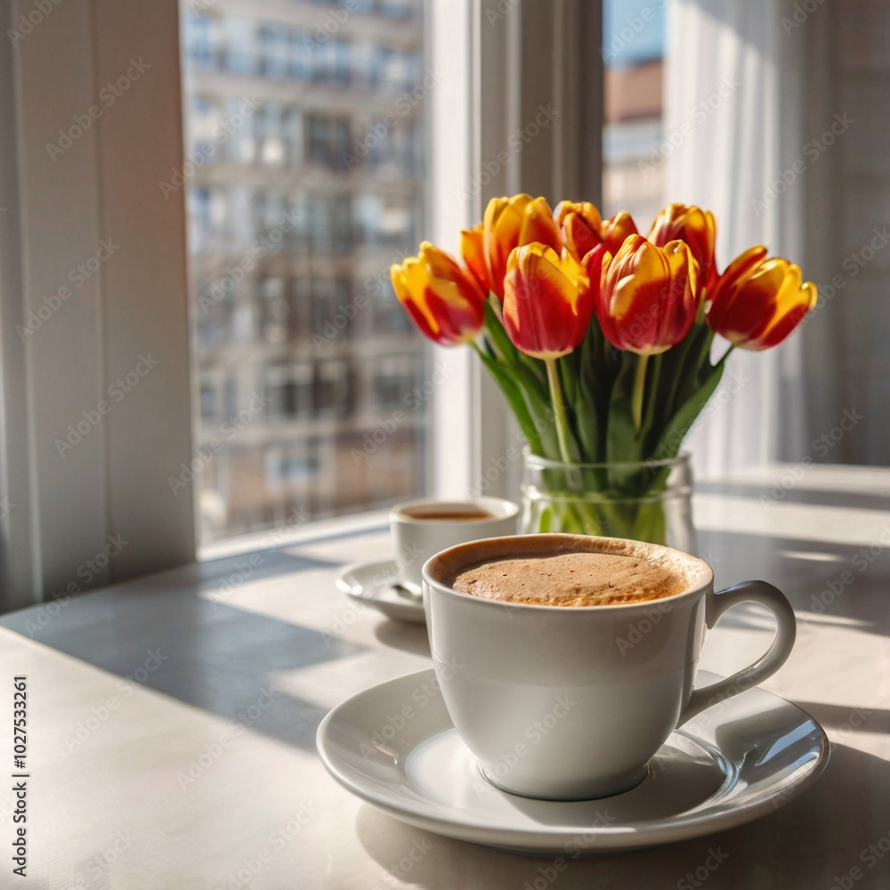 custom made wallpaper toronto digitalA cup of coffee, a bright red tulip bouquet on a table. Celebrating of spring and 8 March. Simple light festive postcard. Morning vibe. Breakfast at home. Window view.