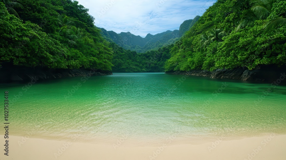 Fototapeta premium Secluded tropical bay with calm waters, surrounded by a lush jungle, offering a peaceful, hidden beach paradise