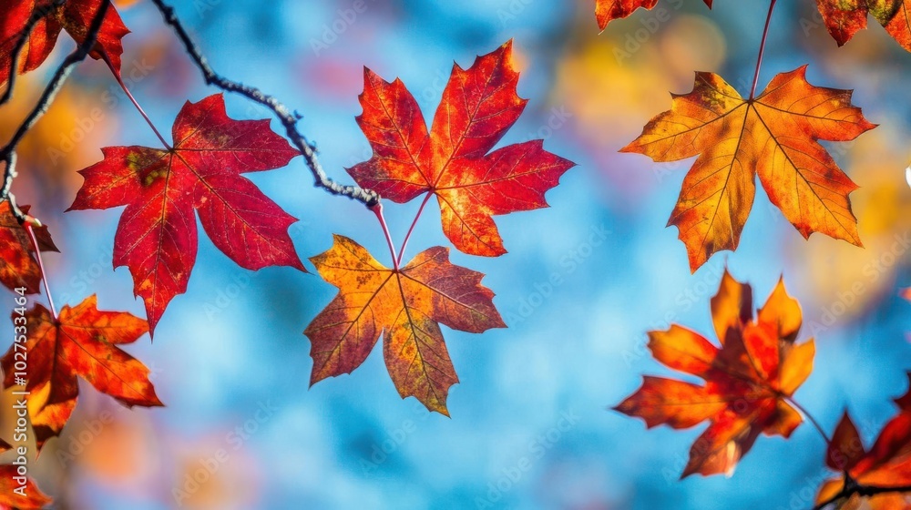 A group of red, orange, and yellow maple leaves in autumn hanging scattered on the tree branch against blue sky background A group of red, orange, and yellow maple leaves in autumn hanging scattered on the tree branch against blue sky background