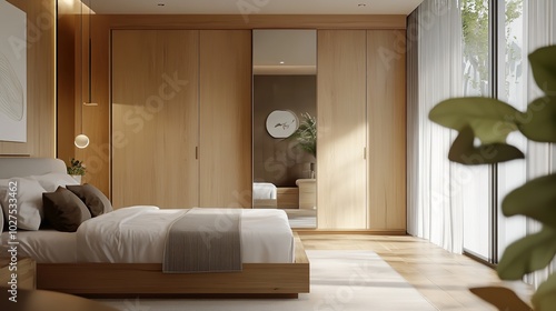 Wooden Wardrobe with Glass Sliding Doors photo