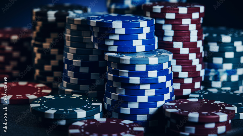 Colorful poker chips stacked on a dark table, perfect for casino-themed designs. Colorful poker chips stacked on a dark table, perfect for casino-themed designs.