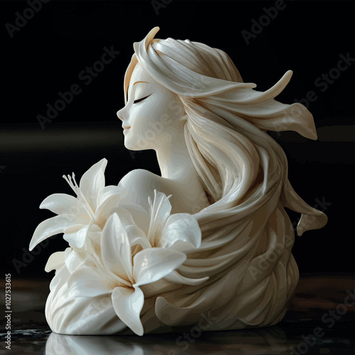 3D female figurine with white lilies close-up, vector, isolated, in vanilla beige tones. Illustration, creative print, sketch for creativity, greeting card design, print on fabric, paper.