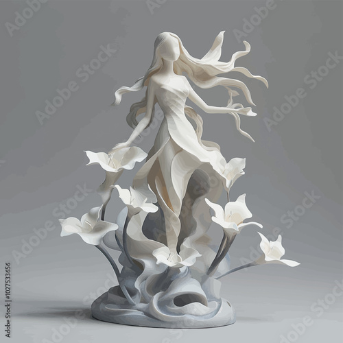 3D female figurine with white lilies close-up, vector, isolated, in vanilla beige tones. Illustration, creative print, sketch for creativity, greeting card design, print on fabric, paper.