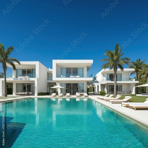 Exterior of amazing modern minimalist cubic villa with large swimming pool among palm trees. Created with generative Ai