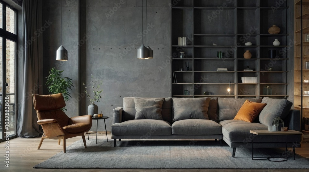 Grey corner sofa against shelving wall unit and fireplace Grey corner sofa against shelving wall unit and fireplace