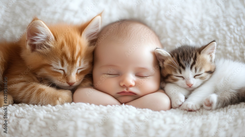 Baby Sleeping Peacefully with Kittens on a Soft Blanket Baby Sleeping Peacefully with Kittens on a Soft Blanket