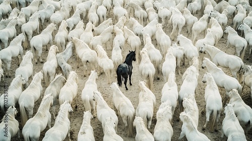 A Black Horse Among a Herd of White Horses photo