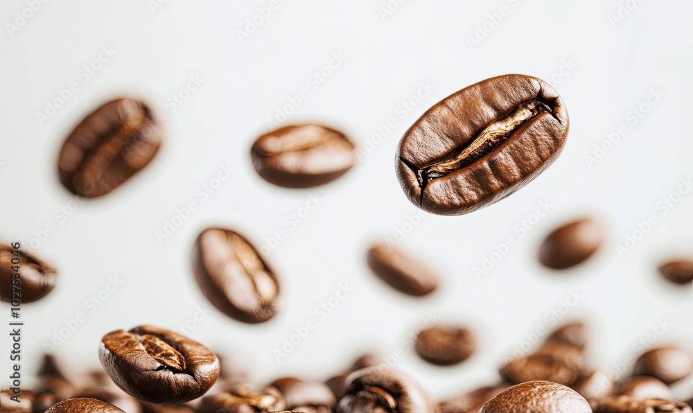 Fototapeta premium Coffee beans falling and scattering on white background.