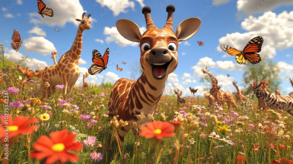 Naklejka premium 3D cartoon animals bounce playfully through a lively field of flowers, while butterflies glide through the colorful meadow.