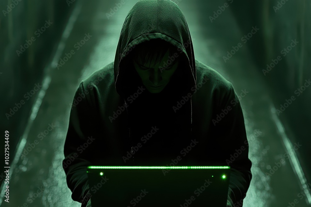 Hacker Silhouette with Glowing Laptop on Dark Background Hacker Silhouette with Glowing Laptop on Dark Background