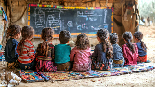 A group of young children sit on a colorful rug in a makeshift classroom, facing a chalkboard.