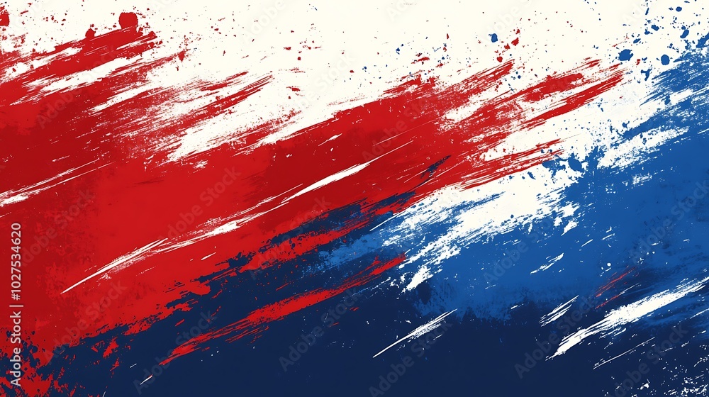 Abstract red, white and blue paint splatters on a white background.