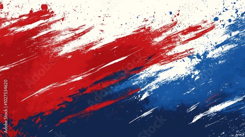 Abstract red, white and blue paint splatters on a white background.