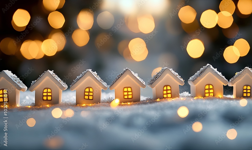 Obraz premium Row of small white houses with warm lights in snow with bokeh lights background.