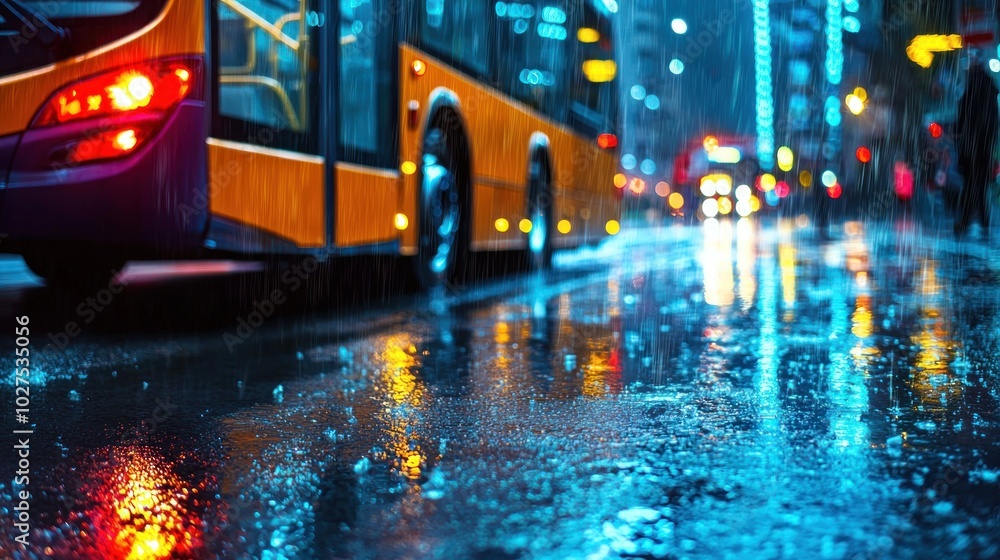 Obraz premium a bus driving through a rain-soaked city street, with reflections of city lights on the wet pavement, symbolizing daily routine and perseverance