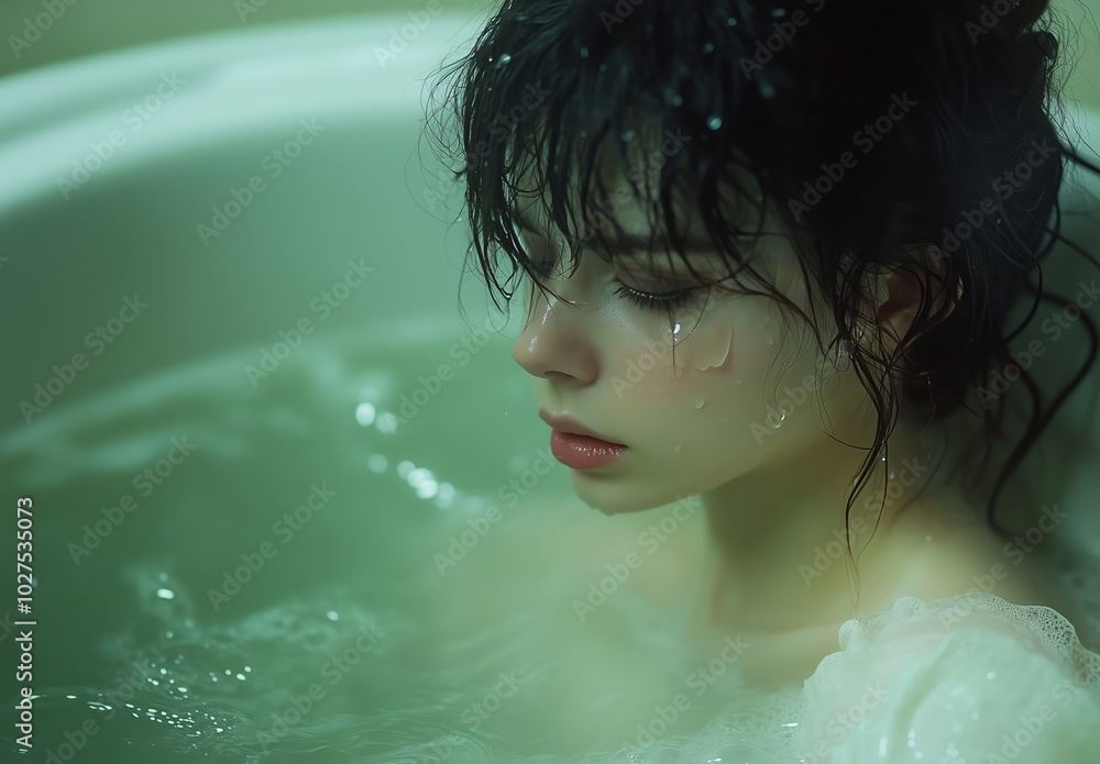 A young girl with dark hair sits in the bathtub. Close-up. Sad emotions. The concept of female emotions. Emancipation. Cold water therapy, coastal, therapy, cold immersion,