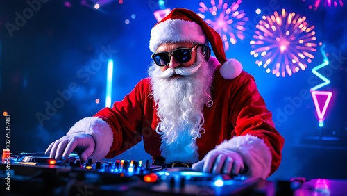 A person dressed as Santa Claus is DJing at a festive event with colorful neon lights and fireworks in the background