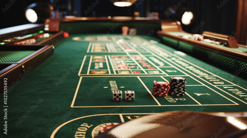 Craps table with chips and dice, green felt surface, illuminated casino environment. Craps table with chips and dice, green felt surface, illuminated casino environment.