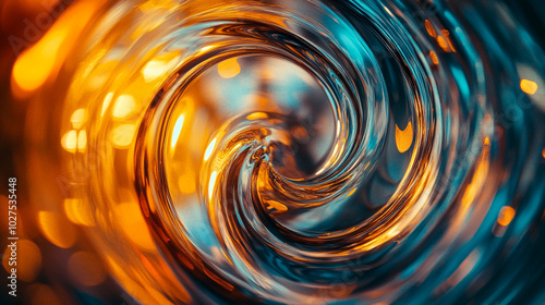 Swirling patterns of orange and blue light create a mesmerizing effect in a fluid design