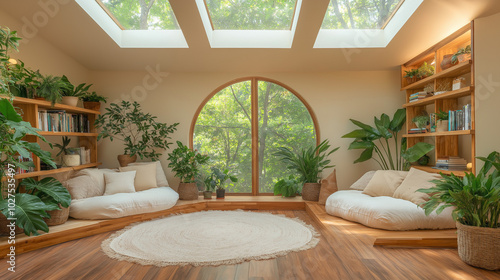 A cozy reading nook with comfortable seating, surrounded by plants and natural light filtering through skylights in the background, embodying nature-inspired interior design elements. photo