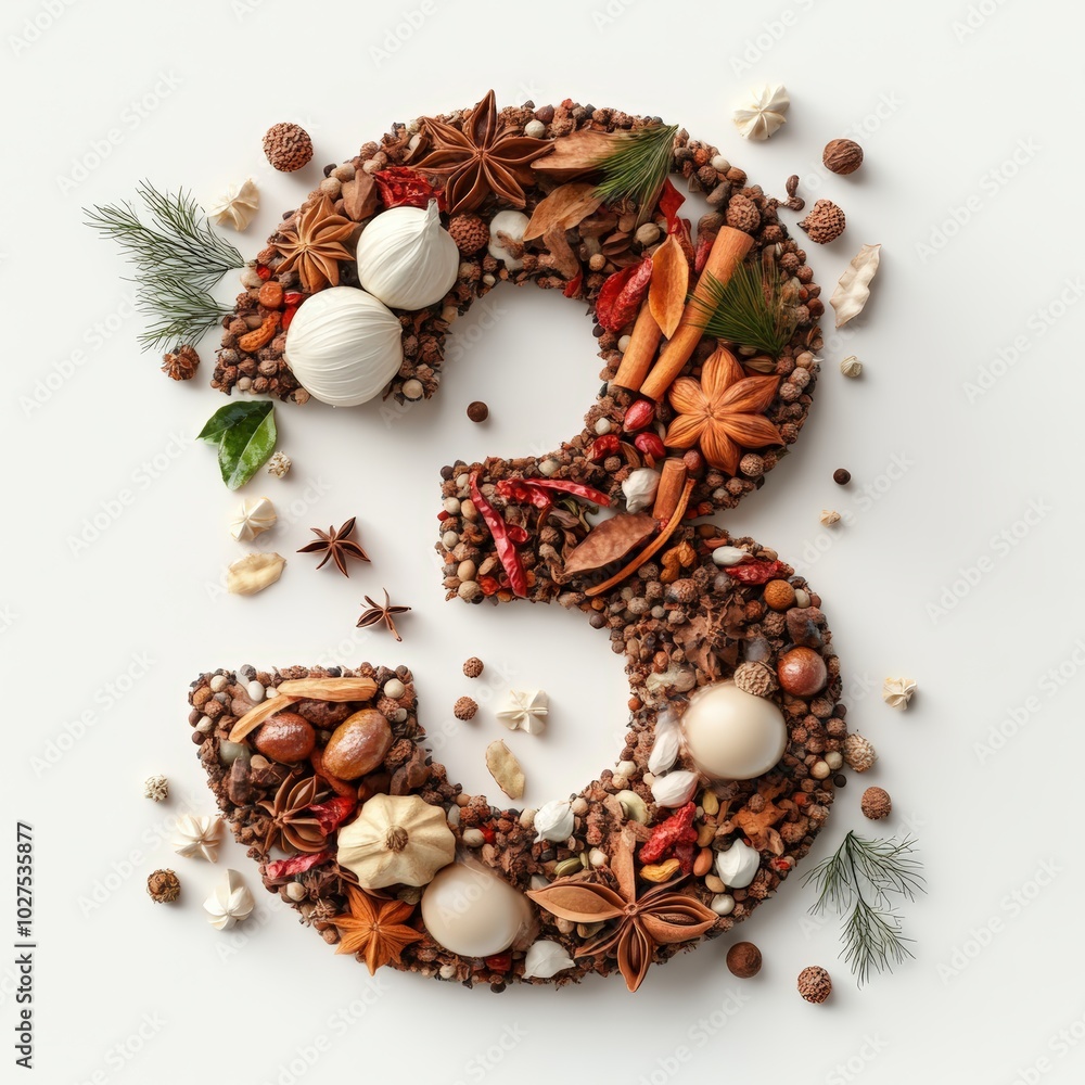3D number 3 with spices texture realistic modern design, soft lighting, white background 3D number 3 with spices texture realistic modern design, soft lighting, white background