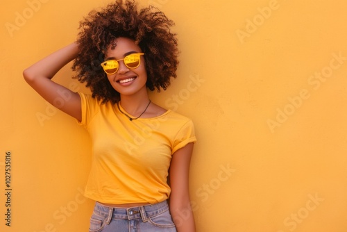 Cheerful cool young Black woman wearing brown sunglasses standing at yellow wall background. Happy smiling African American gen z ethnic girl feeling joy enjoying sunny summer day outdoors.