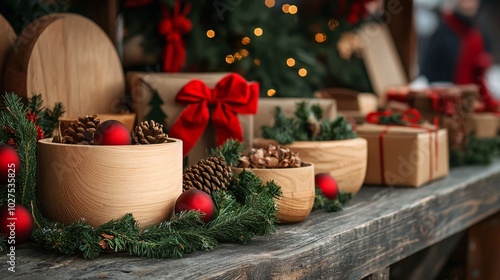 A cozy holiday display featuring wooden bowls filled with pine cones and adorned with red bows, set against festive greenery.