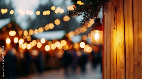 The image captures a cozy outdoor scene lit by warm lights, featuring a rustic lantern alongside festive decorations and blurred figures in the background.