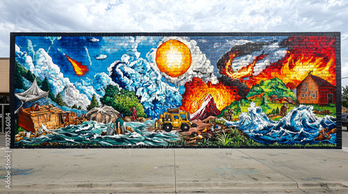 A large colorful mural depicting the four elements of nature on a brick wall.