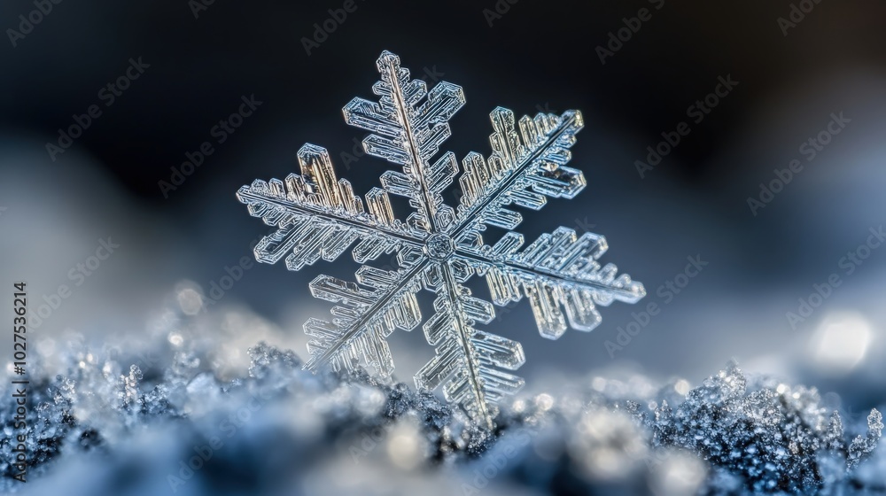 A close-up of an intricate snowflake resting on a bed of frost in winter A close-up of an intricate snowflake resting on a bed of frost in winter