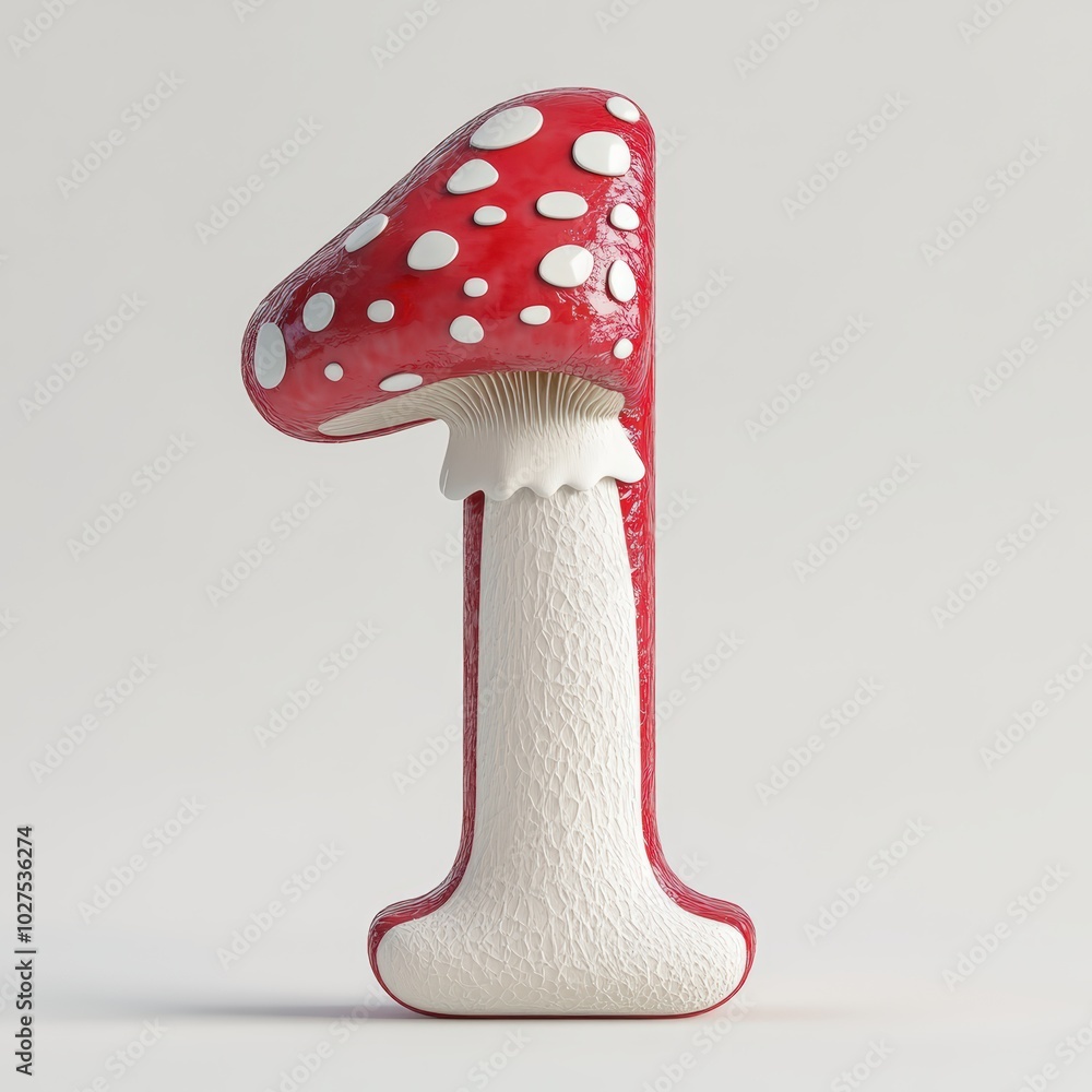 3D number 1 with fly agaric texture realistic modern design, soft lighting, white background 3D number 1 with fly agaric texture realistic modern design, soft lighting, white background