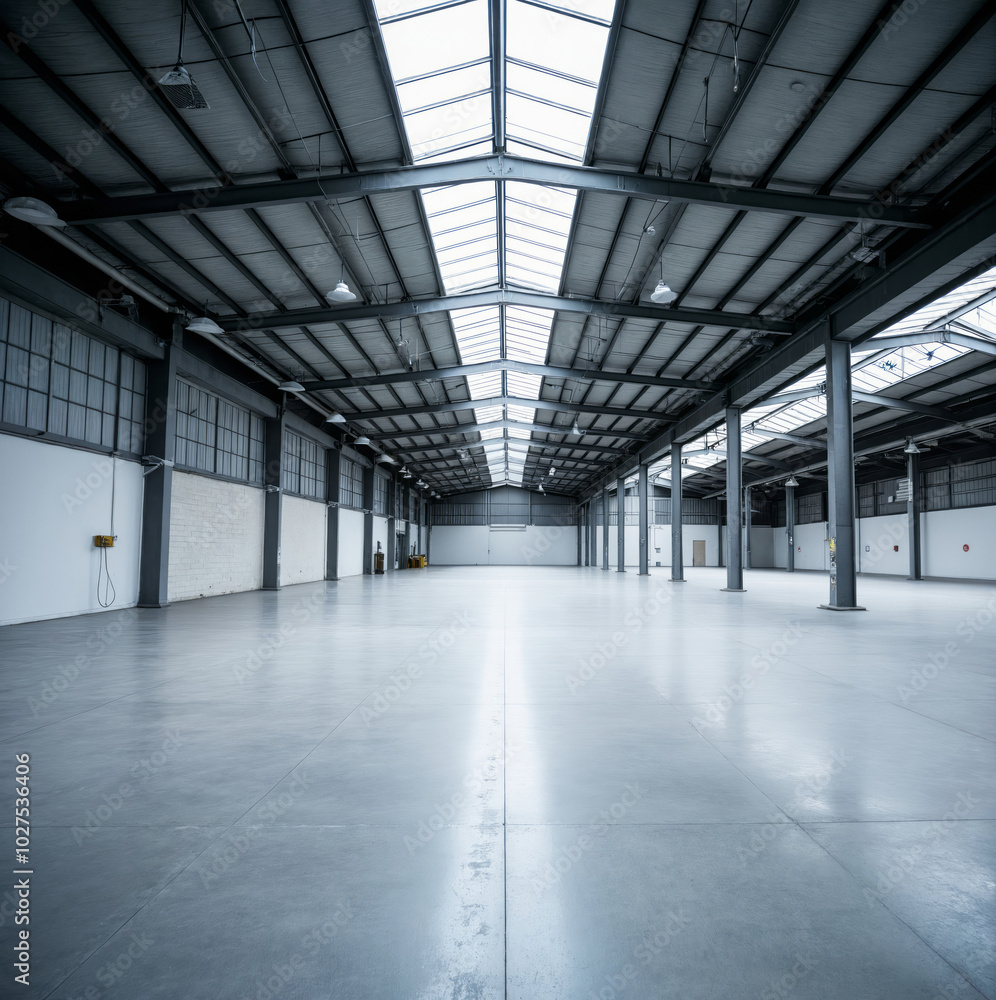 Empty warehouse interior with high ceilings and rows of structural beams. The space is expansive, with polished concrete floors and bright overhead lighting. Ample copyspace. Empty warehouse interior with high ceilings and rows of structural beams. The space is expansive, with polished concrete floors and bright overhead lighting. Ample copyspace.