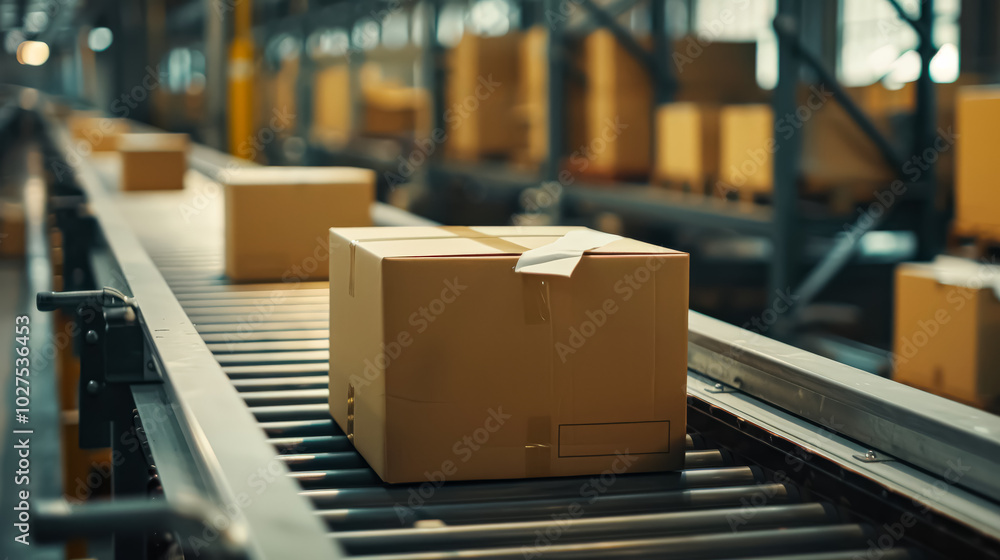 Conveyor belt with several brown boxes on it. The boxes are lined up and appear to be in the process of being sorted or shipped. The conveyor belt is moving Conveyor belt with several brown boxes on it. The boxes are lined up and appear to be in the process of being sorted or shipped. The conveyor belt is moving