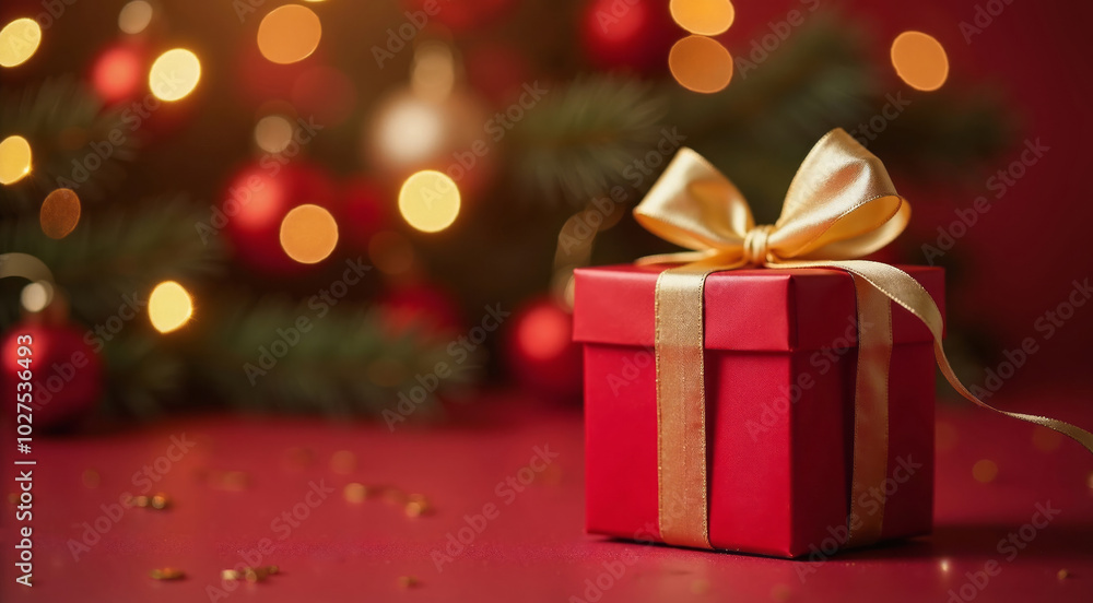 Red gift box with a gold ribbon, set against a festive background with warm lighting. Perfect for holiday, celebration, or gift-giving themes. Red gift box with a gold ribbon, set against a festive background with warm lighting. Perfect for holiday, celebration, or gift-giving themes.