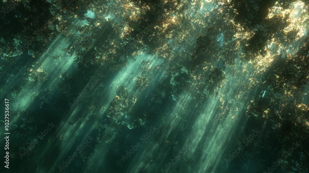 Obraz premium Enchanted Forest Sunlight Beams Shimmering through Lush Foliage