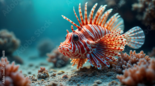 Lionfish swimming near the ocean floor, surrounded by coral. The lionfish is notable for its vibrant red and white stripes, elongated fin rays, and unique tentacle-like appendages.