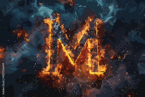 Fire burning letter M, alphabet, hot yellow orange design element on black background